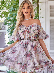 Lilac Floral Homecoming Dress Off-the-shoulder Tulle Short Prom Dress EWR409