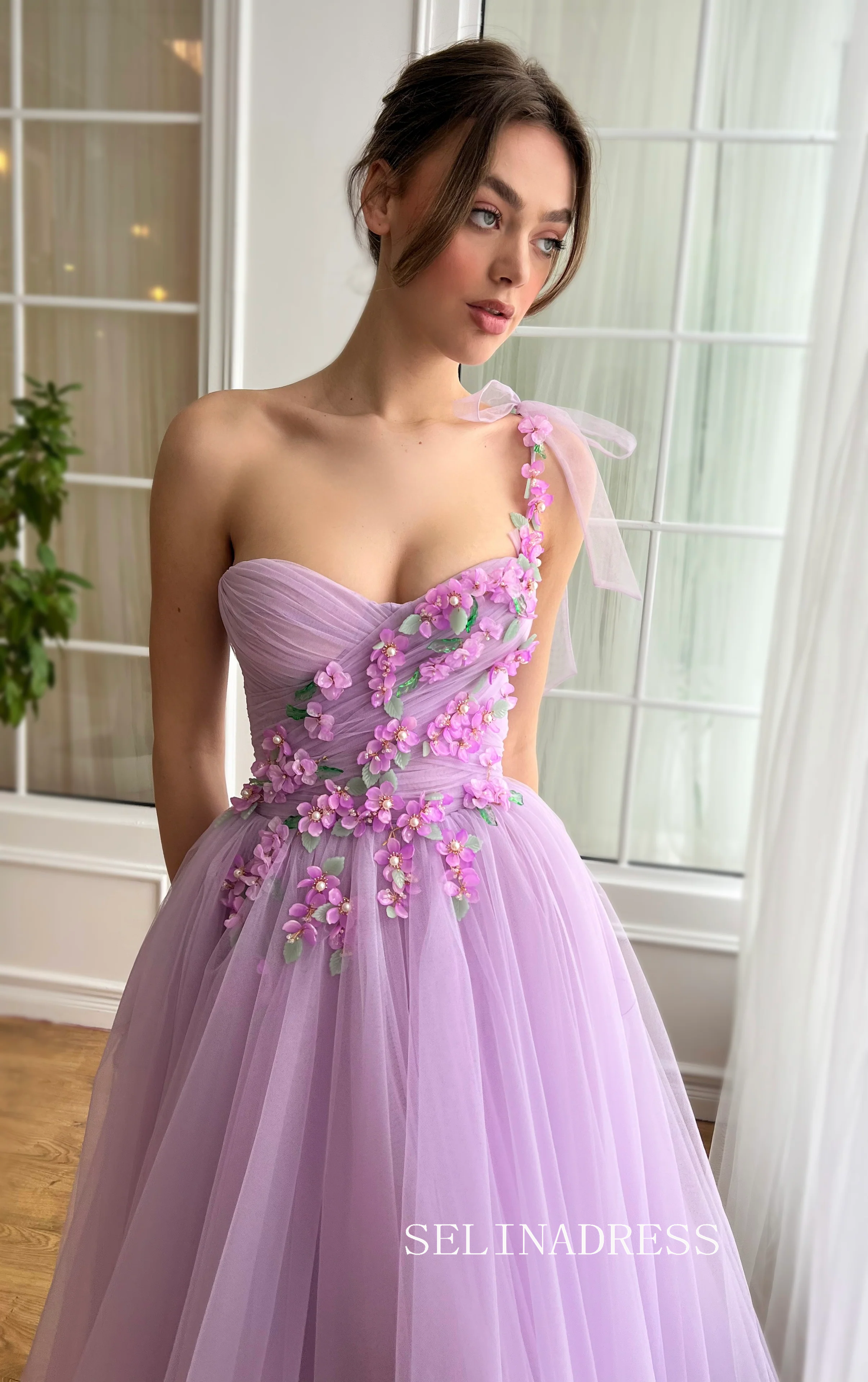 Lilac Floral Wedding Dress Tea Length One Shoulder Prom Dresses Princess Evening Gowns EWR307|Selinadress