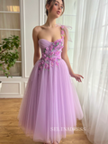 Lilac Floral Wedding Dress Tea Length One Shoulder Prom Dresses Princess Evening Gowns EWR307|Selinadress
