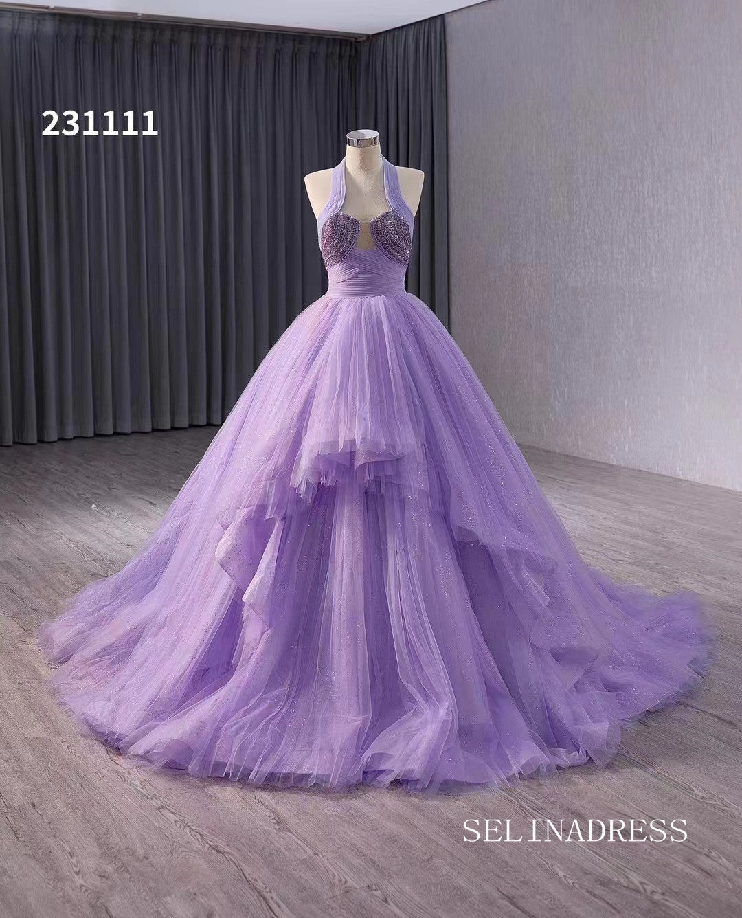 Lilac Halter Sparkly Tulle Ball Gown Wedding Dresses  Quinceanera Dress 231111|Selinadress