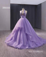 Lilac Halter Sparkly Tulle Ball Gown Wedding Dresses  Quinceanera Dress 231111|Selinadress