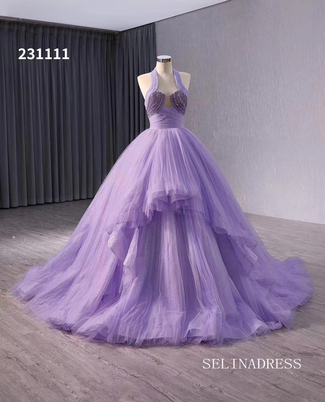 Lilac Halter Sparkly Tulle Ball Gown Wedding Dresses  Quinceanera Dress 231111|Selinadress