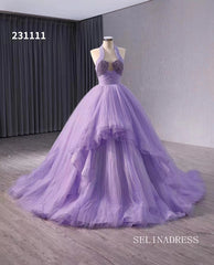 Lilac Halter Sparkly Tulle Ball Gown Wedding Dresses  Quinceanera Dress 231111|Selinadress