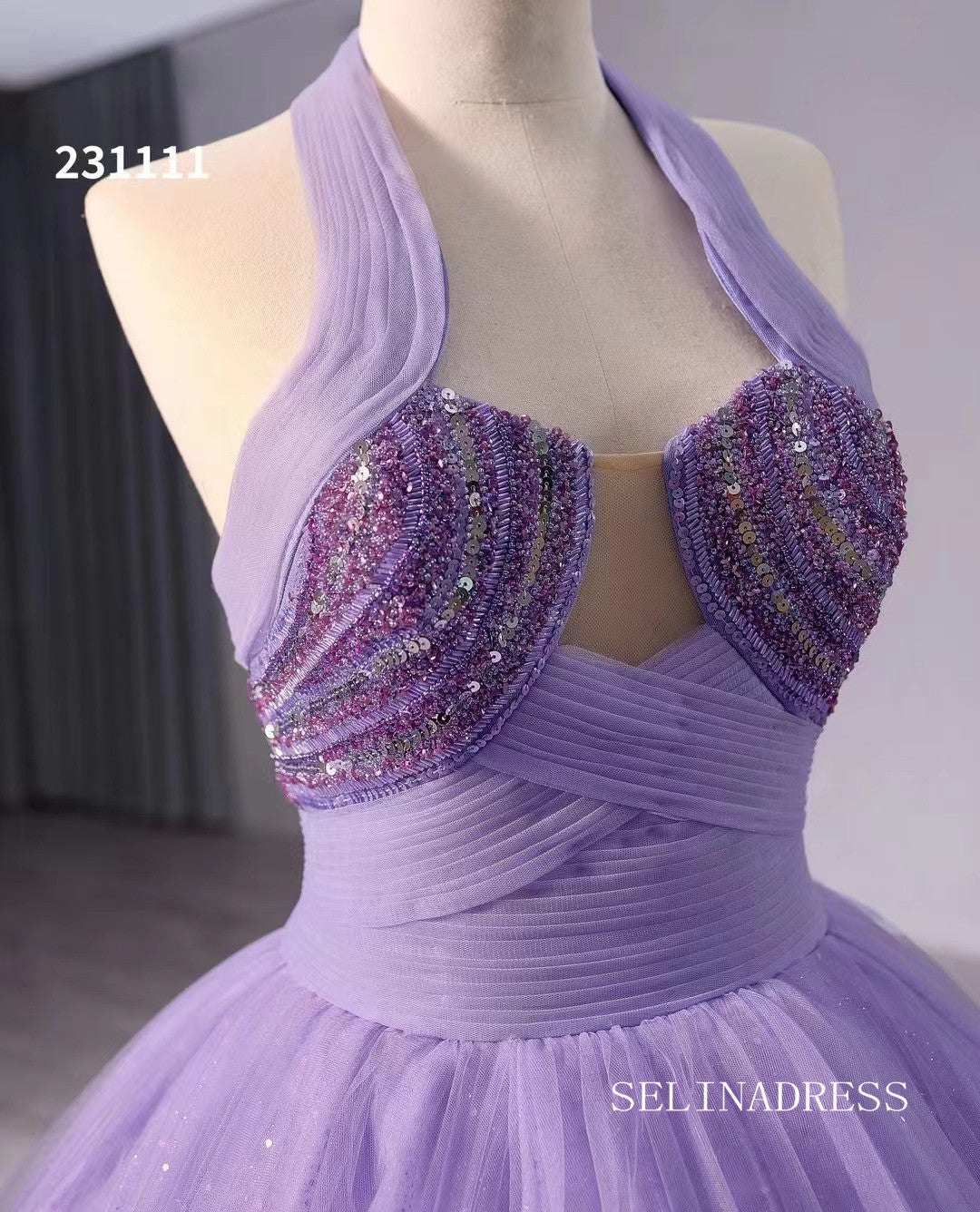 Lilac Halter Sparkly Tulle Ball Gown Wedding Dresses  Quinceanera Dress 231111|Selinadress