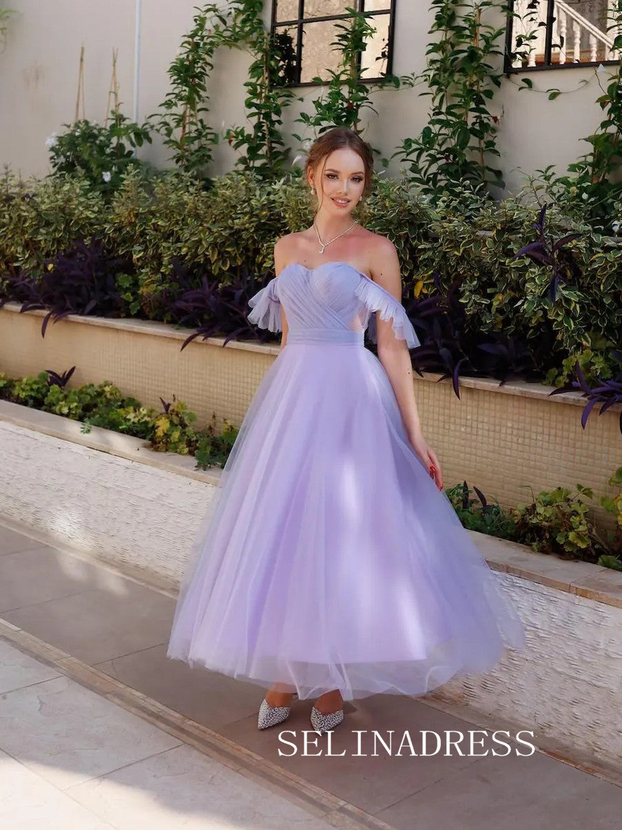 Lilac Off-the-shoulder Prom Dresses Tulle Ankle-length Formal Dresses SKO002|Selinadress