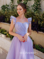 Lilac Off-the-shoulder Prom Dresses Tulle Ankle-length Formal Dresses SKO002|Selinadress