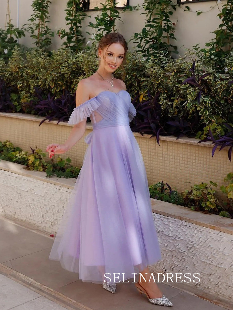 Lilac Off-the-shoulder Prom Dresses Tulle Ankle-length Formal Dresses SKO002|Selinadress