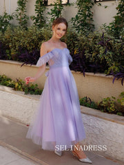 Lilac Off-the-shoulder Prom Dresses Tulle Ankle-length Formal Dresses SKO002|Selinadress