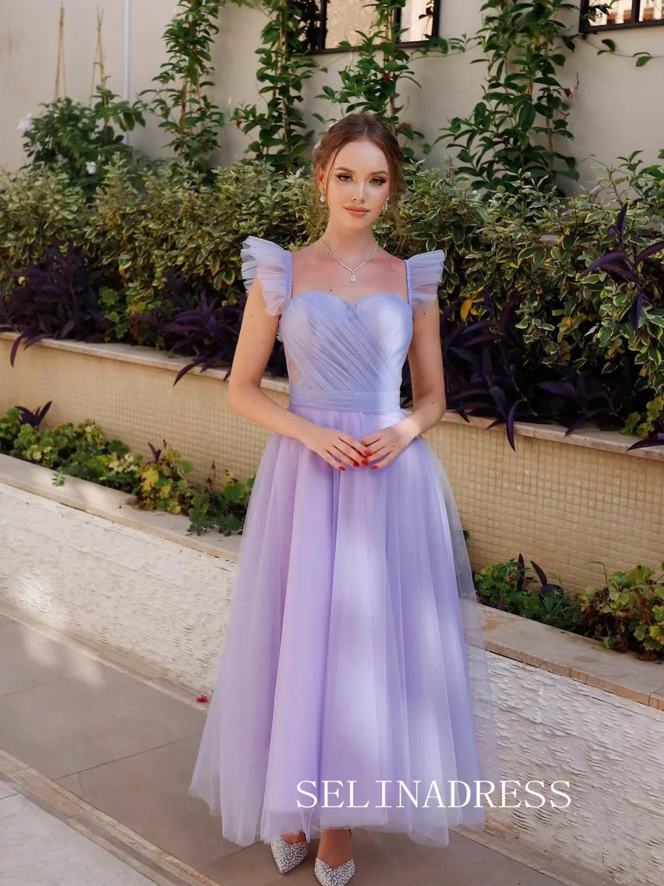 Lilac Off-the-shoulder Prom Dresses Tulle Ankle-length Formal Dresses SKO002|Selinadress