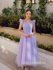 Lilac Off-the-shoulder Prom Dresses Tulle Ankle-length Formal Dresses SKO002|Selinadress