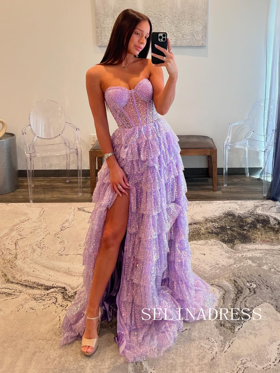 Lilac Sweetheart A-line Long Prom Dresses Muti Layerrd Evening Dress ALI0213|Selinadress