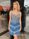 Lovely Blue Beaded Homecoming Dresses Sheath/Column Hoco Dress Cocktail Dress #TKL2006|Selinadress