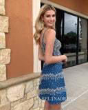 Lovely Blue Beaded Homecoming Dresses Sheath/Column Hoco Dress Cocktail Dress #TKL2006|Selinadress