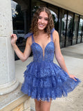 Lovely Blue Homecoming Dresses Sparkly Lace Beaded Hoco Dress Cocktail Dress #TKL2008|Selinadress