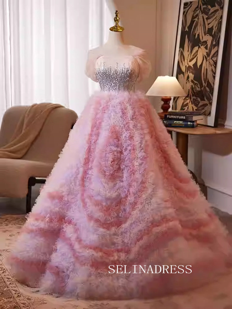 Lovely Pink Off-the-shoulder Ball Gown Princess Dress Elegant Beaded Formal Dress JKL2587|Selinadress