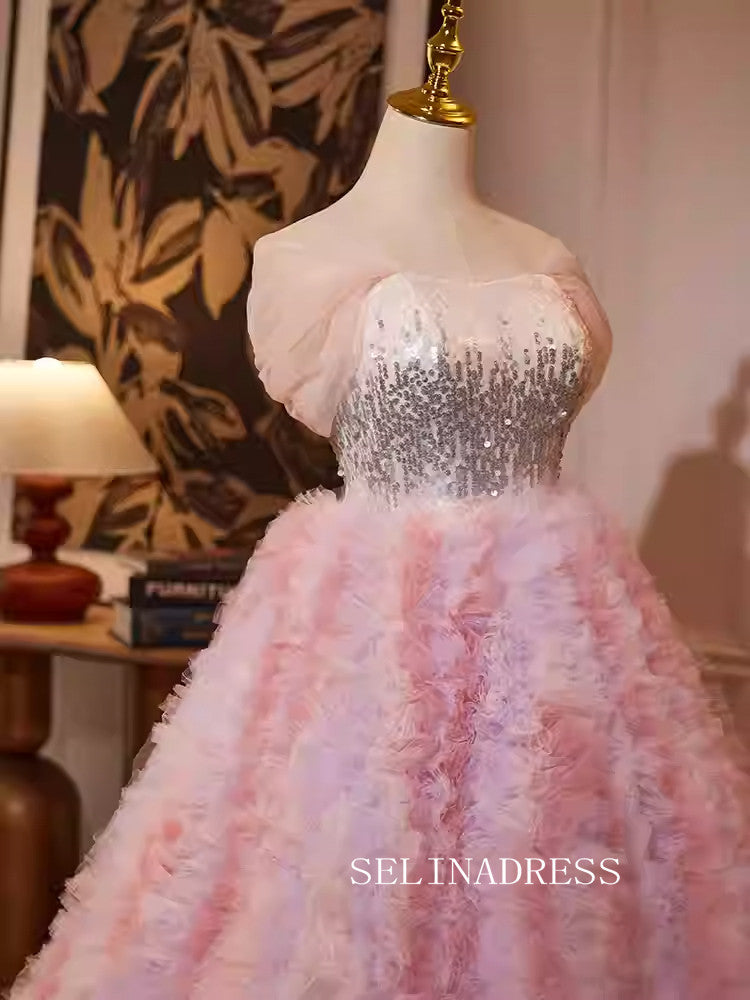 Lovely Pink Off-the-shoulder Ball Gown Princess Dress Elegant Beaded Formal Dress JKL2587|Selinadress