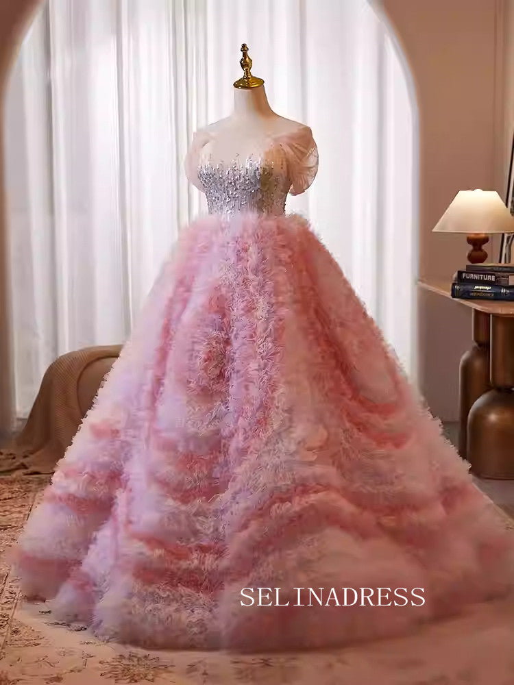 Lovely Pink Off-the-shoulder Ball Gown Princess Dress Elegant Beaded Formal Dress JKL2587|Selinadress