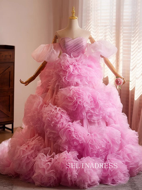 Lovely Pink Off-the-shoulder Ball Gown Princess Dress Ruffles Tulle Formal Dress JKL2593|Selinadress