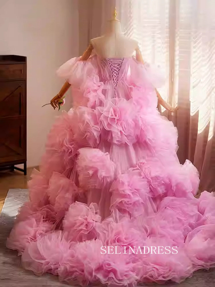 Lovely Pink Off-the-shoulder Ball Gown Princess Dress Ruffles Tulle Formal Dress JKL2593|Selinadress