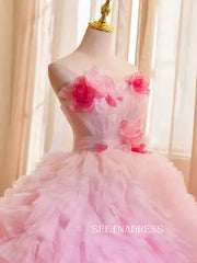 Lovely Pink Red Ball Gown Princess Dress Elegant Strapless Tulle Formal Dress JKL2592|Selinadress