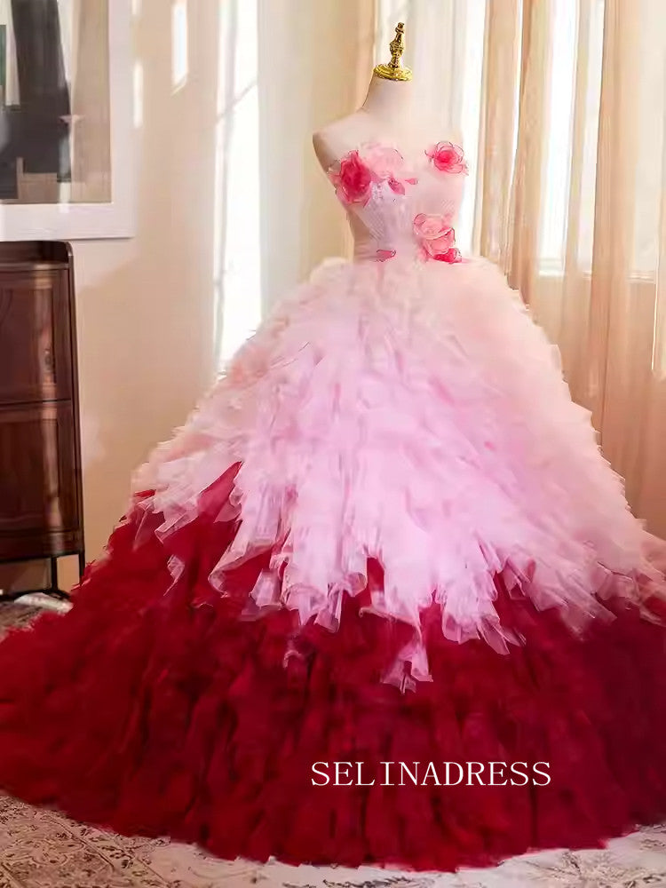 Lovely Pink Red Ball Gown Princess Dress Elegant Strapless Tulle Formal Dress JKL2592|Selinadress