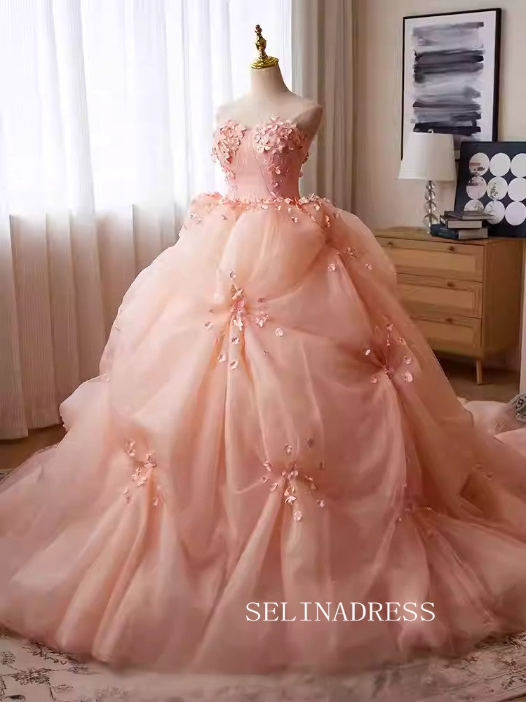 Lovely Pink Strapless Ball Gown Princess Dress Elegant Applique Flower Formal Dress JKL2589|Selinadress