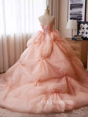 Lovely Pink Strapless Ball Gown Princess Dress Elegant Applique Flower Formal Dress JKL2589|Selinadress