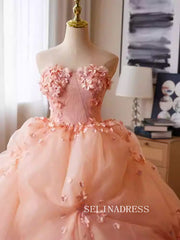 Lovely Pink Strapless Ball Gown Princess Dress Elegant Applique Flower Formal Dress JKL2589|Selinadress