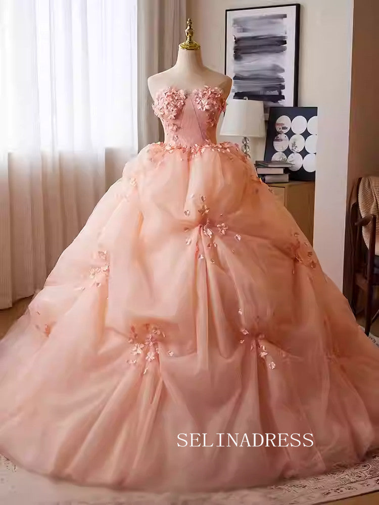 Lovely Pink Strapless Ball Gown Princess Dress Elegant Applique Flower Formal Dress JKL2589|Selinadress