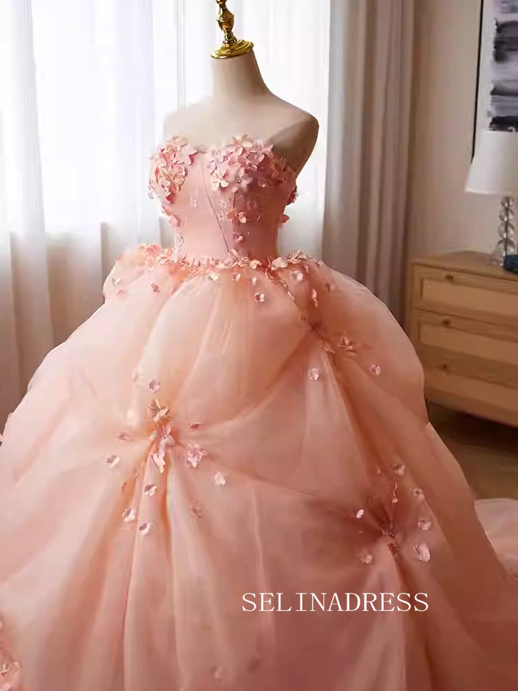 Lovely Pink Strapless Ball Gown Princess Dress Elegant Applique Flower Formal Dress JKL2589|Selinadress