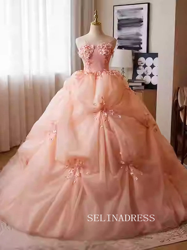 Lovely Pink Strapless Ball Gown Princess Dress Elegant Applique Flower Formal Dress JKL2589|Selinadress