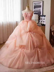 Lovely Pink Strapless Ball Gown Princess Dress Elegant Applique Flower Formal Dress JKL2589|Selinadress