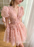 Lovely Pink V neck Homecoming Dresses Butterfly Lace Hoco Dress Cocktail Dress #TKL2002|Selinadress