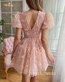 Lovely Pink V neck Homecoming Dresses Butterfly Lace Hoco Dress Cocktail Dress #TKL2002|Selinadress