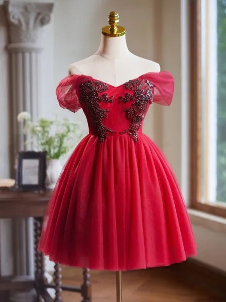 Lovely Red Short Prom Dress Off-the-shoulder Homecoming Dresses Cocktail Dress #TKL2008|Selinadress