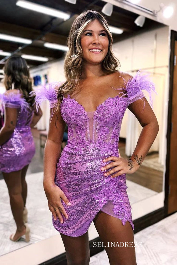 Lovely Sequin Homecoming Dresses Bodycon Feather Shoulder Hoco Dress #EWR550