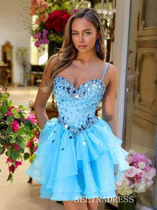 Lovely Sky Blue Homecoming Dresses Lyered Beaded Hoco Dress Cocktail Dress #TKL2005|Selinadress