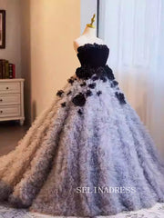 Lovely Strapless Black Ball Gown Princess Dress Elegant Hand Made Flower Formal Dress JKL2590