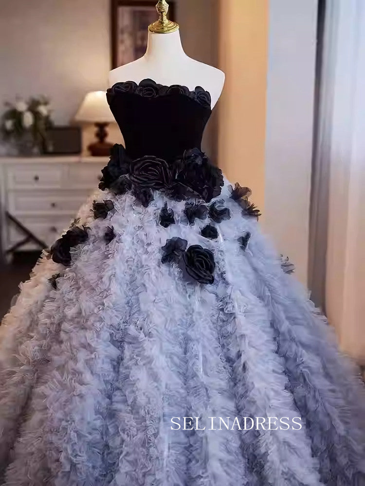 Lovely Strapless Black Ball Gown Princess Dress Elegant Hand Made Flower Formal Dress JKL2590