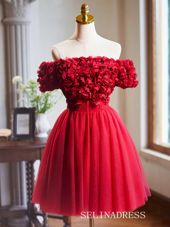 Lovely Tulle Homecoming Dresses Off-the-shoulder Red Hoco Dress Cocktail Dress #TKL1895|Selinadress