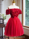 Lovely Tulle Homecoming Dresses Off-the-shoulder Red Hoco Dress Cocktail Dress #TKL1895|Selinadress