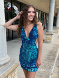 Lovely V neck Short Homecoming Dresses Blue Sequins Hoco Dress Cocktail Dress #TKL2001|Selinadress