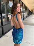 Lovely V neck Short Homecoming Dresses Blue Sequins Hoco Dress Cocktail Dress #TKL2001|Selinadress