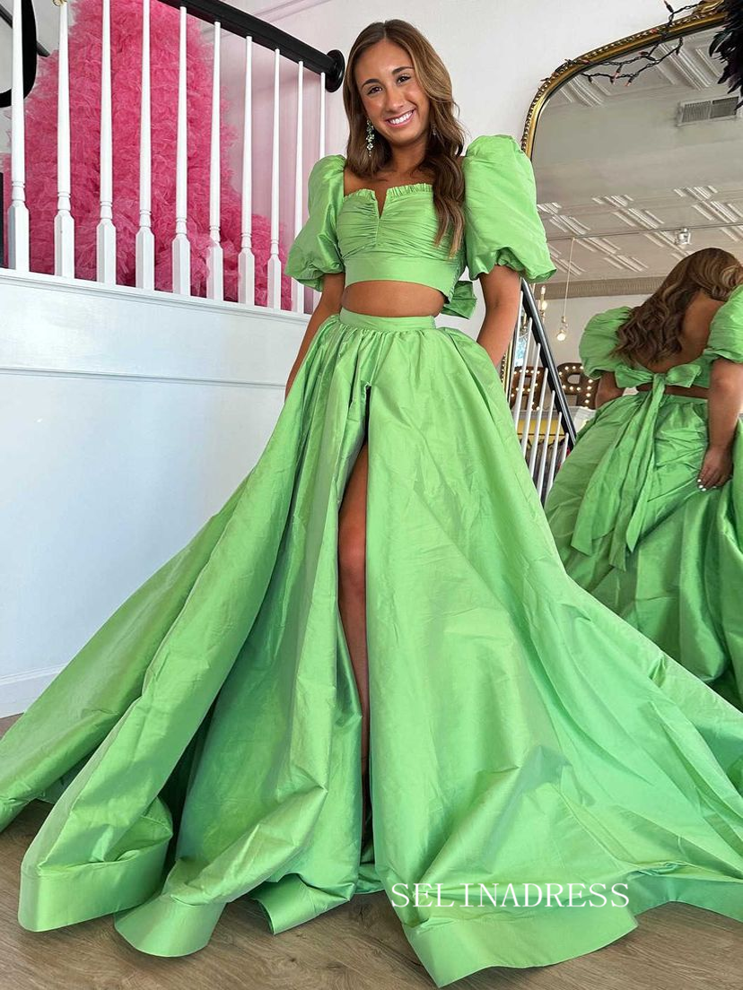 Chic Two Pieces Green Long Prom Dresses Elegant Puff Sleeve Cheap Evening Dress lpk123|Selinadress