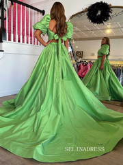 Chic Two Pieces Green Long Prom Dresses Elegant Puff Sleeve Cheap Evening Dress lpk123|Selinadress