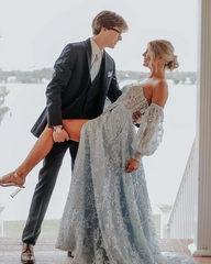 Sparkly A Line Sweetheart Light Blue Sequins Lace Long Prom Dresses with Slit lpk800|Selinadress