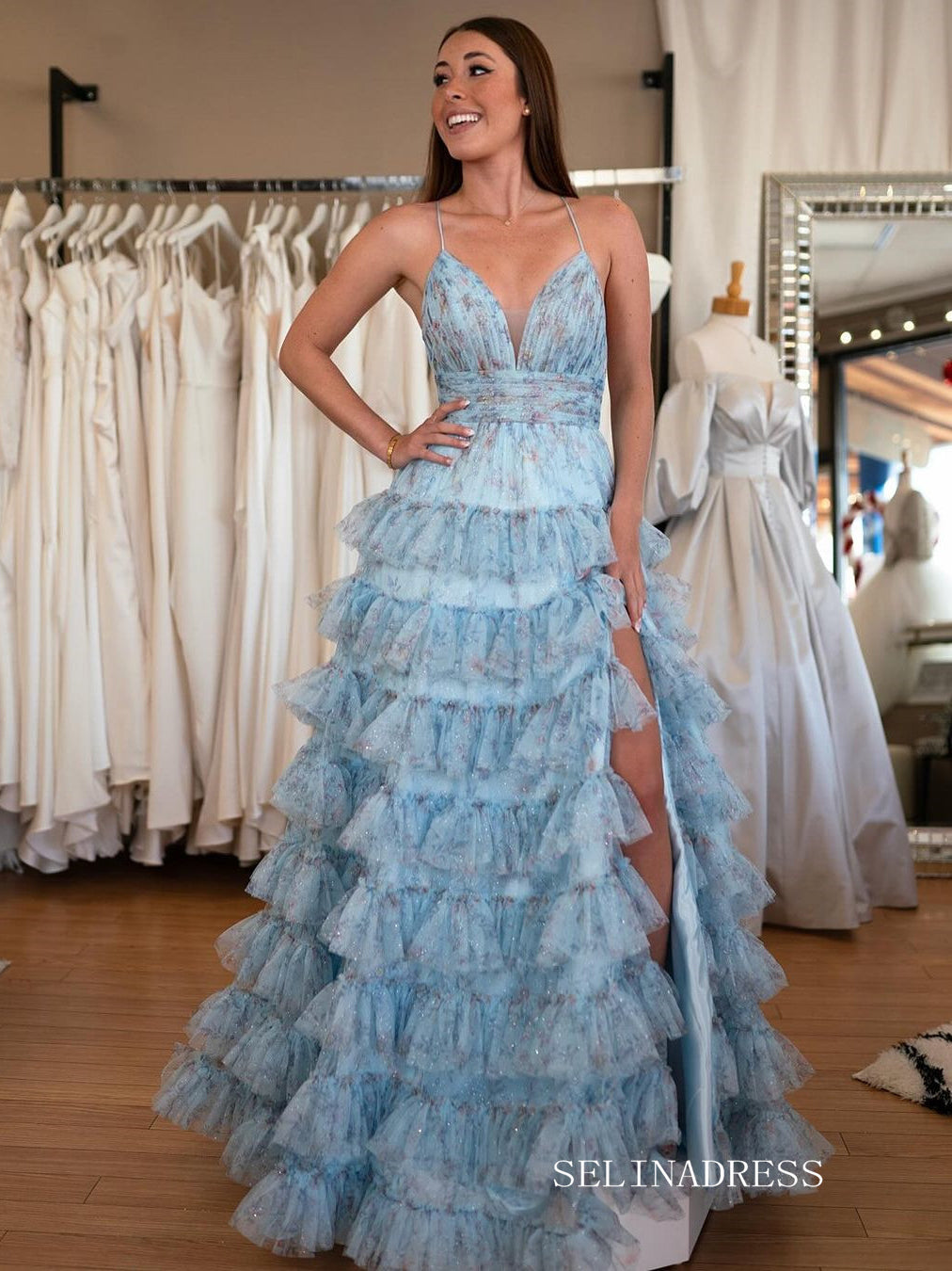 Spaghetti Straps Ruched Tiered A-Line Blue Floral Sequins Long Prom Dress lps010|Selinadress