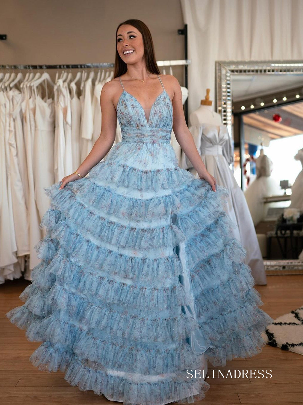 Spaghetti Straps Ruched Tiered A-Line Blue Floral Sequins Long Prom Dress lps010|Selinadress