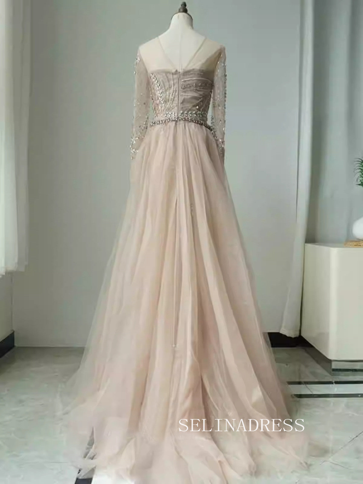 Luxurious Champagne Arabic Long Sleeves Beaded Long Formal Evening Dress With Skirt ALI0012|Selinadress