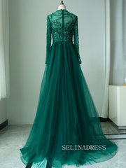 Luxurious Green Arabic Long Sleeves Beaded Long Formal Evening Dress With Skirt ALI0013|Selinadress